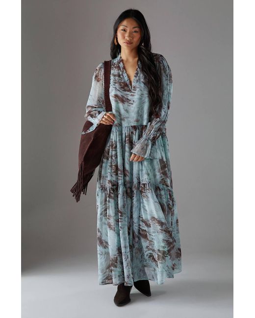Warehouse Gray Petite Premium Raw Edge Georgette Tiered Maxi Dress