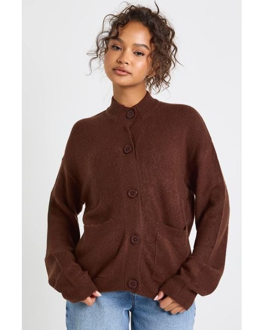 Boohoo Brown High Neck Knit Cardigan