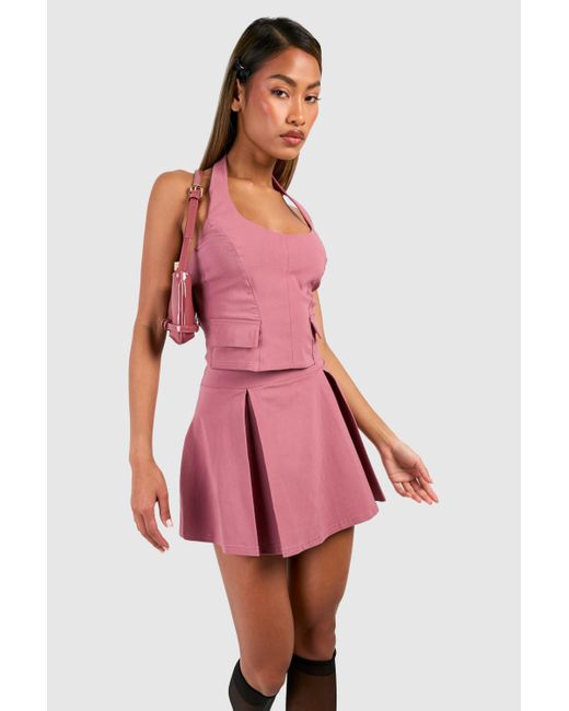 Boohoo Pink Pocket Detail Halterneck Top & Pleated Mini Skirt