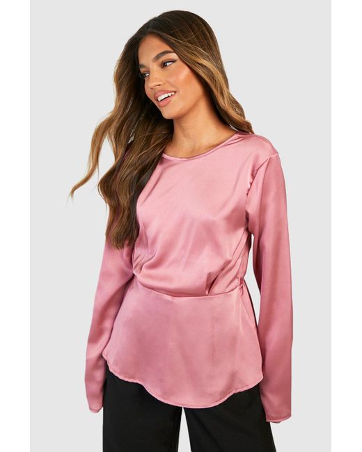 Boohoo Pink Satin Pleat Front Wrap Back Blouse
