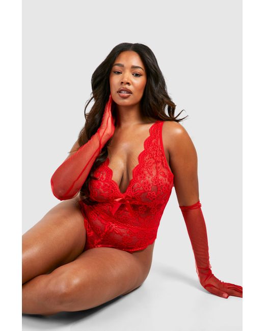 Boohoo Red Plus Lace Bow Detail Babydoll