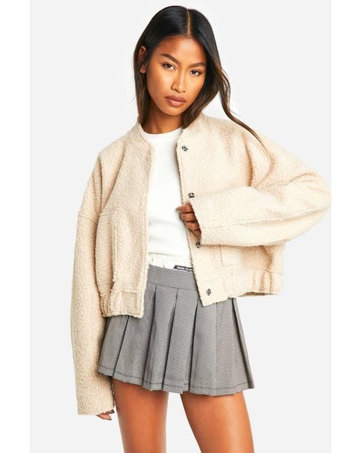 Boohoo White Boucle Bomber Jacket