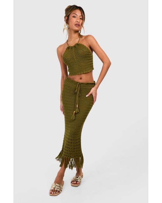 Boohoo Green Premium Crochet Tassel Maxi Skirt And Halterneck Top Set