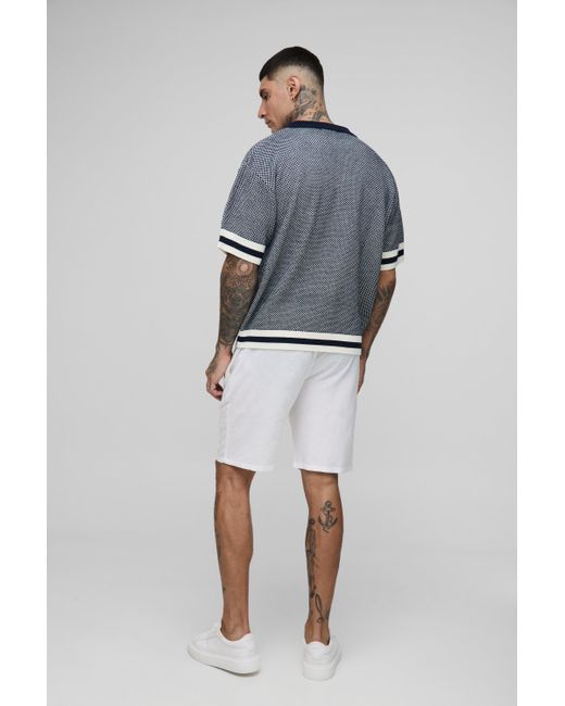 BoohooMAN Blue Tall Contrast Edge Open Knit Boxy Oversized Polo Shirt for men