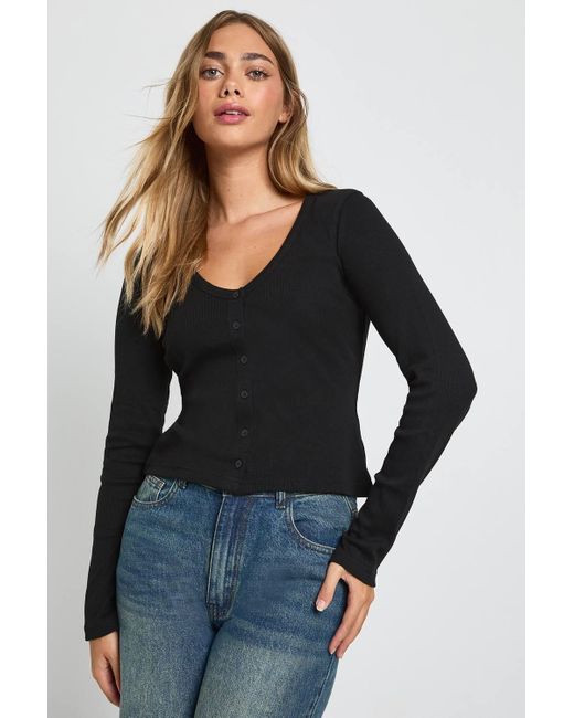 Boohoo Blue Ribbed Button Through V Neck Long Sleeve Top