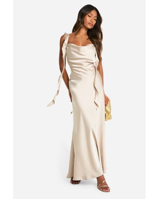Boohoo Natural Satin Frill Strap Maxi Dress