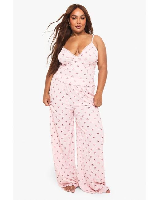 Boohoo Pink Plus Cherry Print Lace Trim Cami Top & Trousers Pyjama Set