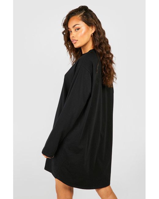 Boohoo Black Oversized Long Sleeve Dipped Hem T-shirt Dress