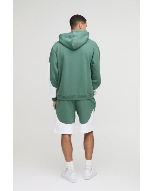 BoohooMAN Green Oversized Man Colour Block Short Zip Hooded Tracksuit for men