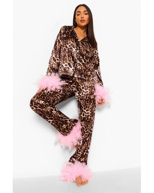 Boohoo Premium Leopard Feather Pajamas in Brown | Lyst