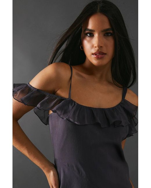 Warehouse Black Chiffon Asymmetric Hem Bias Ruffle Strappy Midaxi Dress