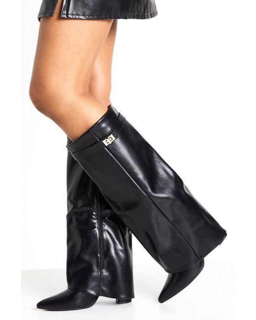 Boohoo Black Knee High Fold Over Buckle Boots