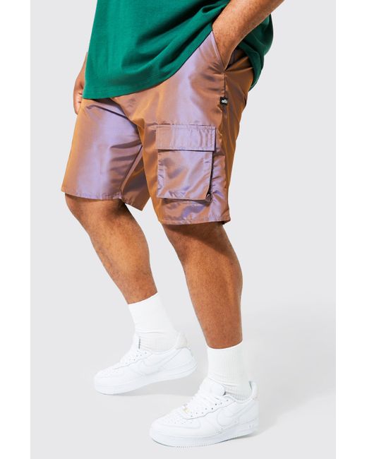 BoohooMAN Denim Plus Fixed Waist Iridescent Cargo Shorts in Brown for Men Lyst