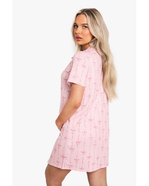 Boohoo Pink Maternity Bow Print Button Through Collar Nightie