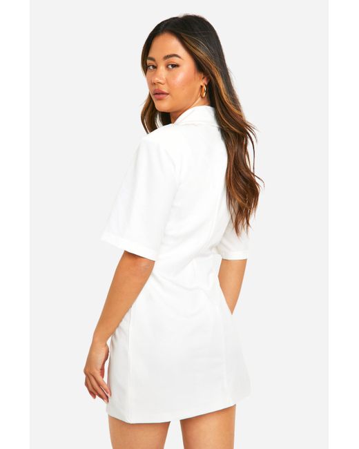 Boohoo White Woven Short Sleeve Plunge Blazer Dress