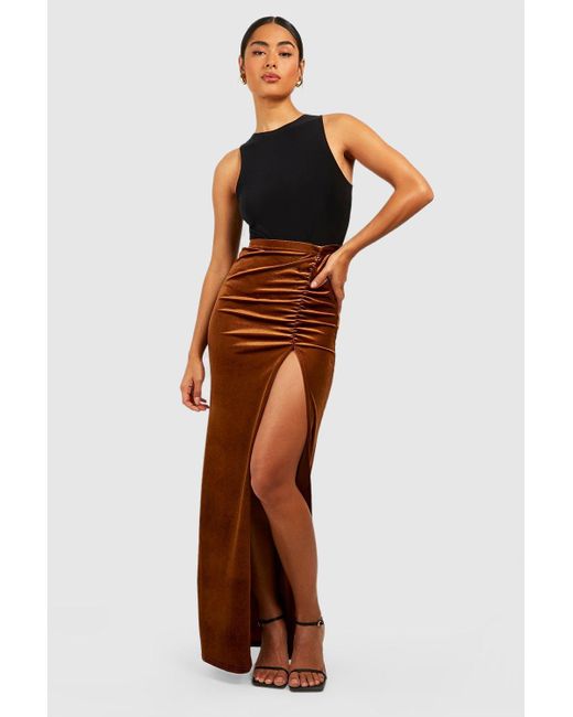 Boohoo Brown Velvet Ruched High Split Maxi Skirt