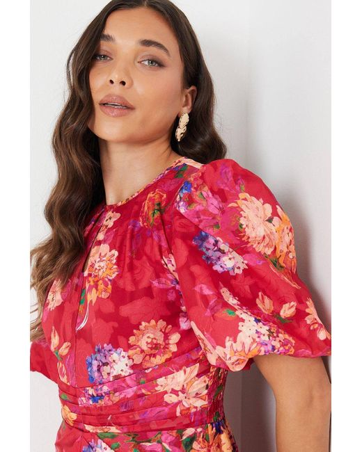 Coast Red Petite Printed Puff Sleeve Midi Dress