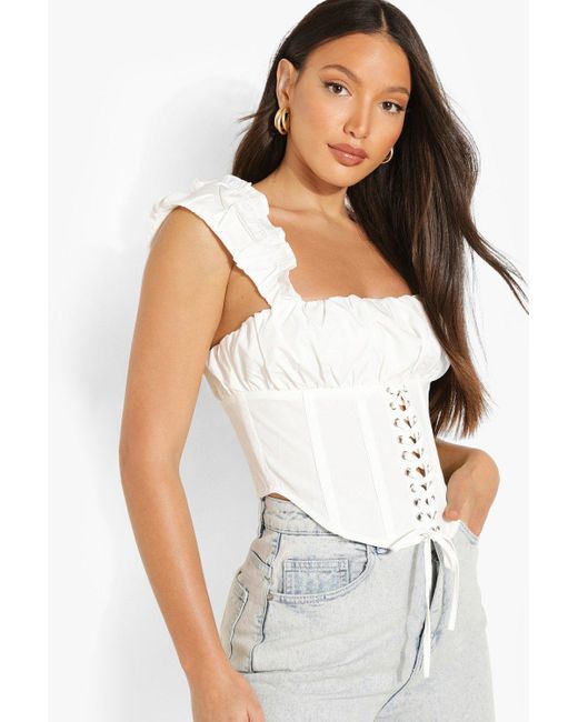 Boohoo Tall Lace Up Puff Sleeve Corset Top in White | Lyst