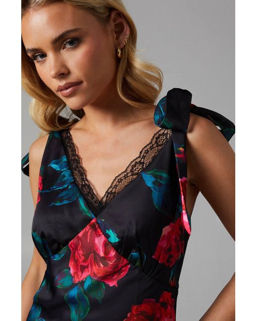 Oasis Black Floral Satin Lace Insert Tie Shoulder Midi Bridesmaid Dress