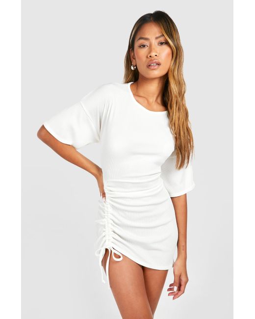 Boohoo White Rib Ruched Mini T-shirt Dress