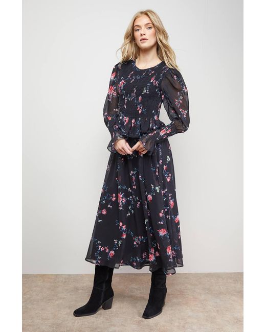 Oasis Blue Western Shirred Bodice Long Sleeve Dress