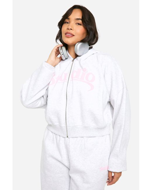 Boohoo White Plus Studio Slogan Boxy Crop Zip Through Hoodie