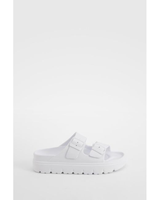 Boohoo White Wide Fit Double Strap Buckle Sliders