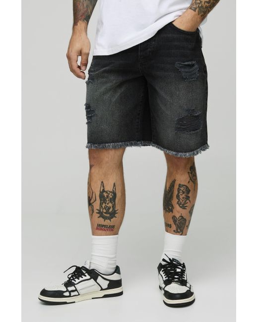 BoohooMAN Lockere zerrissene Jeansshorts in Black für Herren