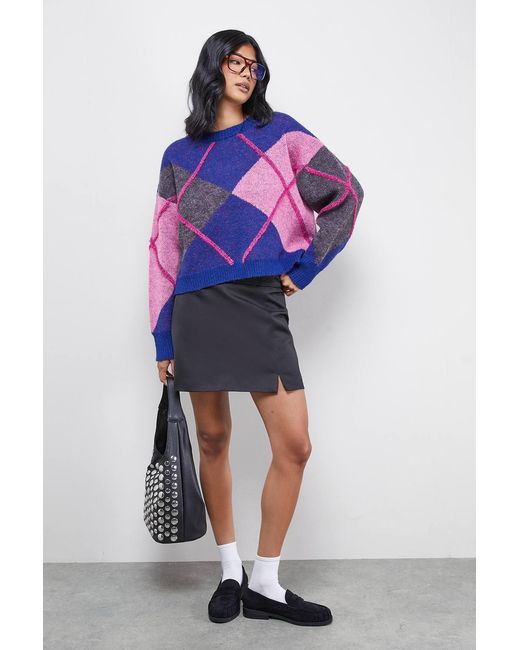 Warehouse Blue Oversized Argyle Sweater