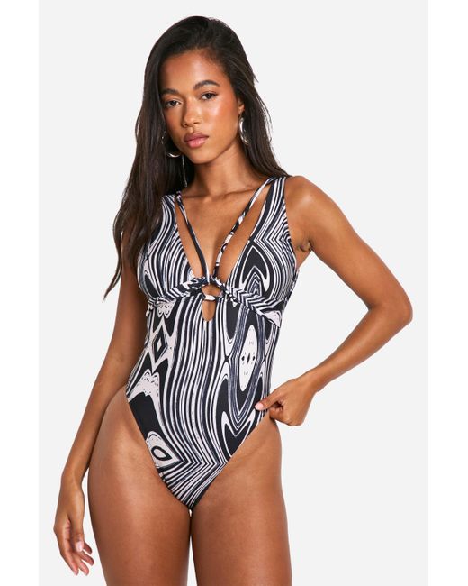 Boohoo White Marble Strap Detail Bathing Suit