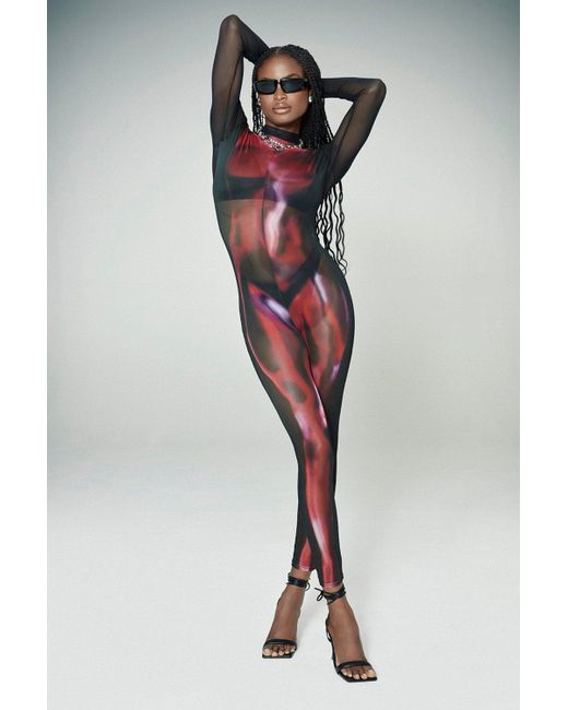 Boohoo Black Kourtney Kardashian Barker Mesh Body Print Catsuit