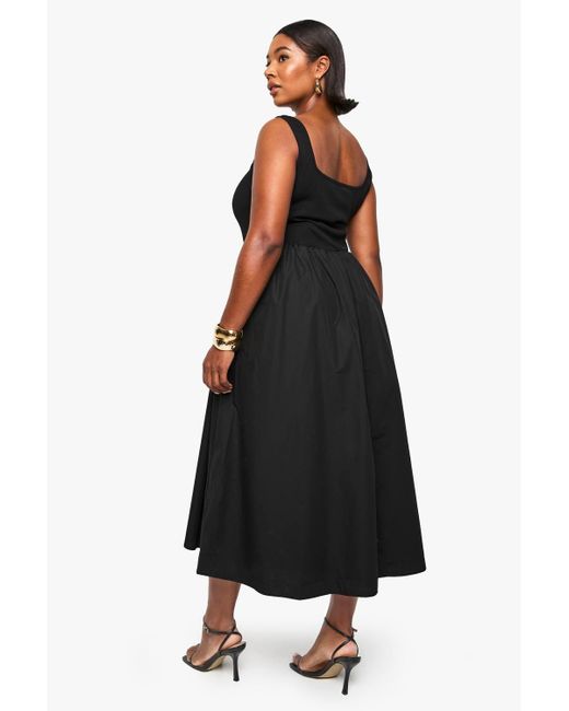 Boohoo Black Plus Rib Scoop Neck Mixed Fabric Skater Midaxi Dress