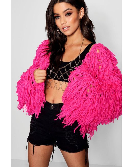 Boohoo Cropped Shaggy Knit Cardigan in 