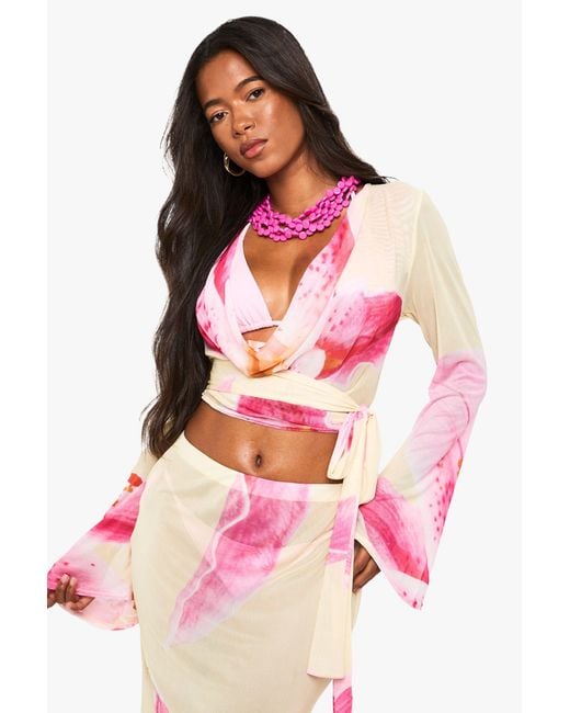 Floral Cowl Neck Beach Top Boohoo de color Pink