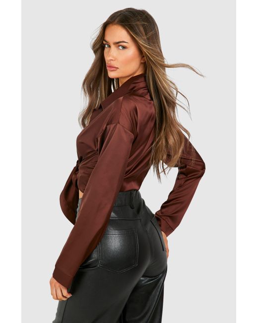 Boohoo Brown Satin Knot Front Long Sleeve Blouse