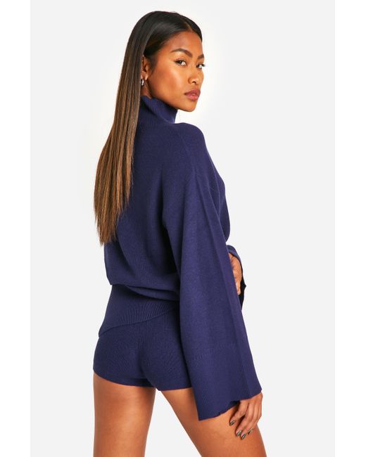 Boohoo Blue Premium Rib Knitted Oversized High Neck Jumper And Short Set