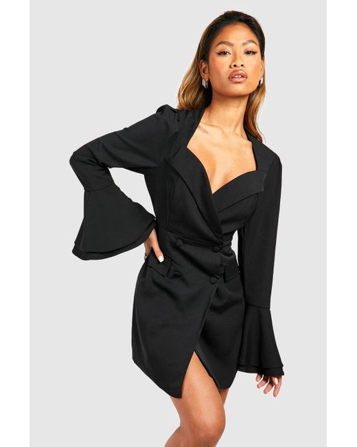 Boohoo Black Sweetheart Neck Flared Sleeve Wrap Blazer Dress