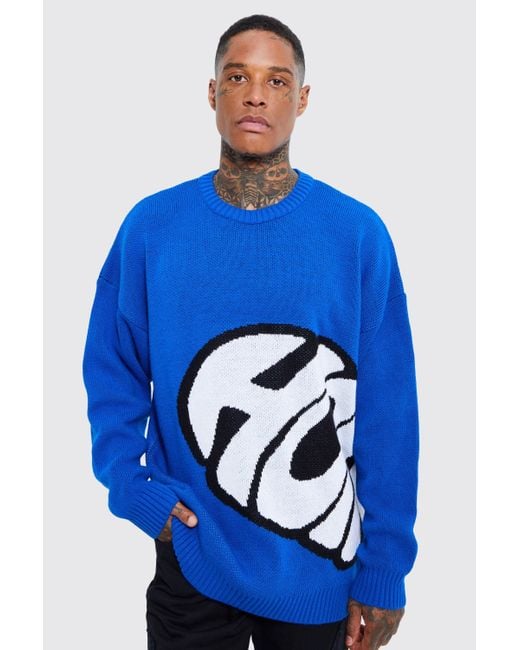 BoohooMAN Oversized Homme Heart Large Knitted Jumper in Blue for Men | Lyst