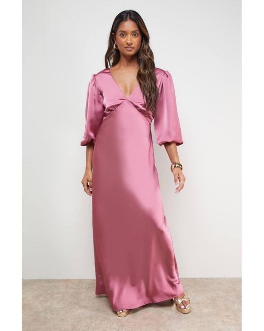 Oasis Pink Satin V Neck Balloon Sleeve Bias Midi Dress