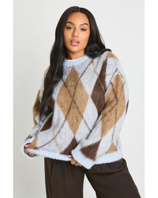 Boohoo White Plus Brushed Argyle Oversized Sweater