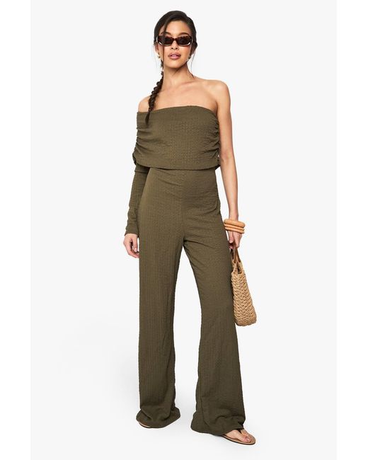 Boohoo Green One Shoulder Wide Leg Textured Jumpsuit