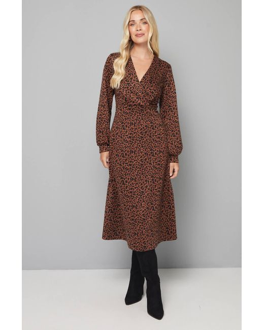 Wallis Brown Petite Leopard Ponte Wrap Midi Dress