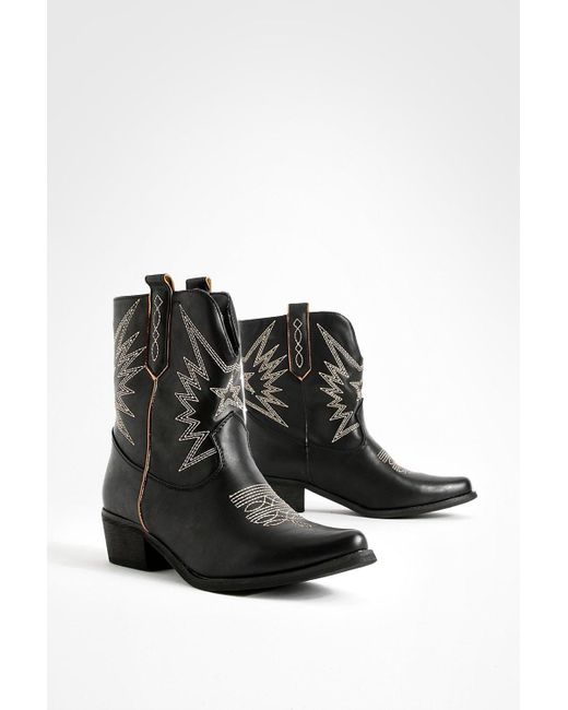 Boohoo Black Tab Detail Embroidered Ankle Western Cowboy Boots