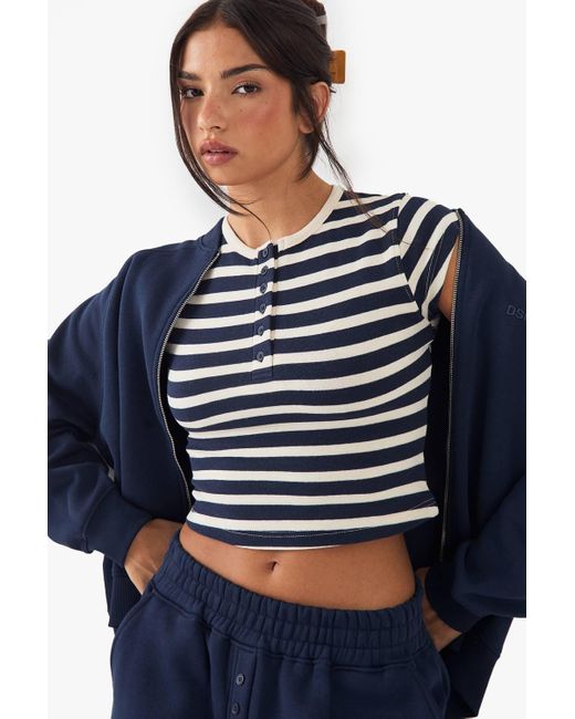 DSGN Studio Blue Stripe Button Detail Short Sleeve Top