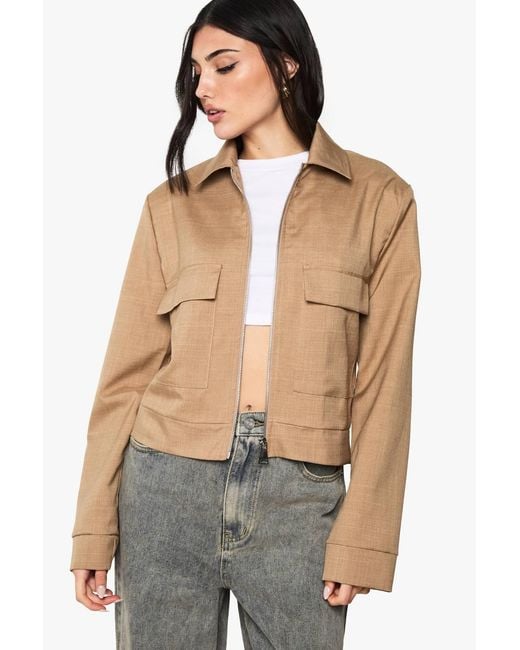 Boohoo Natural Zip Front Tailored Bomber Jacket