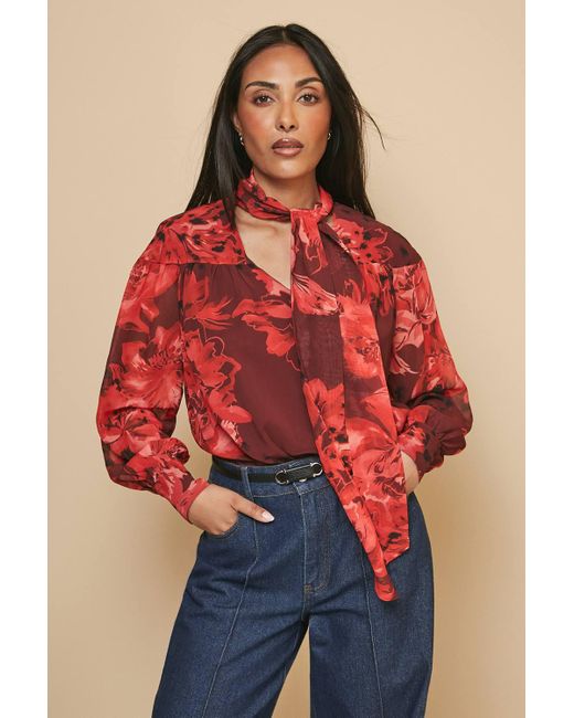 Wallis Red Petite Floral Print Tie Neck Blouse