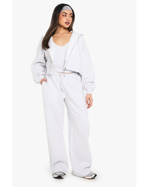 Chándal De 3 Piezas De Canalé Con Capucha Y Top Sin Mangas Con Escote De Pico Boohoo de color White