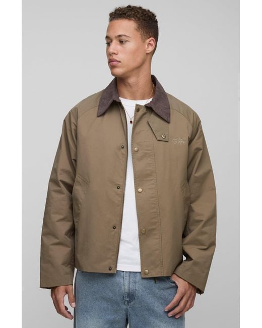 BoohooMAN Brown Tall Oversized Cord Collar Embroidered Worker Jacket for men