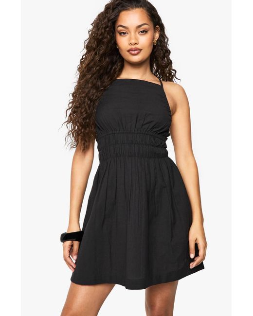 Boohoo Black Linen Look Ruched Mini Dress