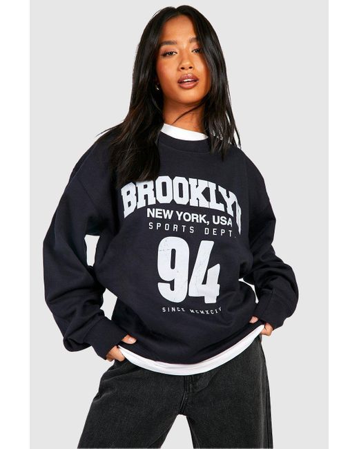 Boohoo Blue Petite Brooklyn Slogan Printed Varsity Oversized Sweatshirt